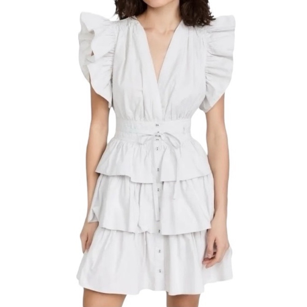 Ulla Johnson Sena Cotton Poplin Flutter Sleeve V-Neck Tiered Mini Dress, Size 8